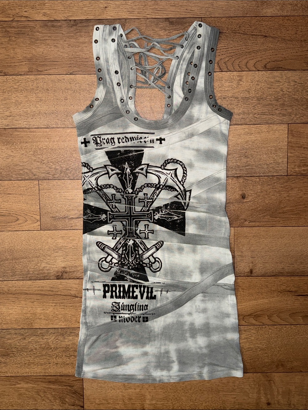 Primevil Size Extra Small Mini Tank Dress Grunge Whimsigoth Lace Up Sexy Y2K XS